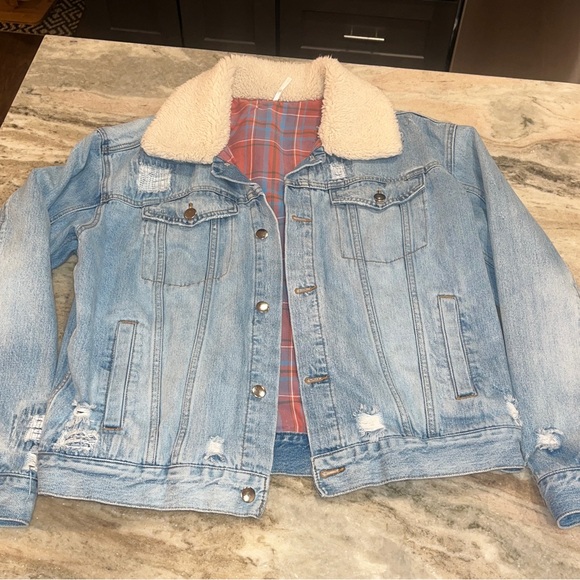 Freepeople Plaid Lined Sherpa Jean Trucker Coat Never Worn But Washed - Picture 6 of 6